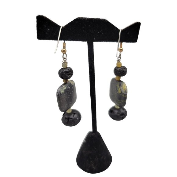 Black Lava Rock Green Tree Agate Dangle Earrings Fish Hook Closure Handmade - Picture 5 of 6